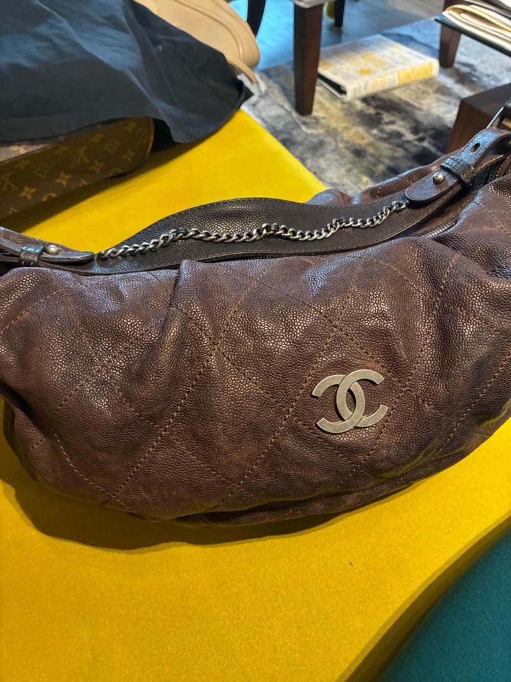 Beautiful authentic CHANEL Brown Quilted Leather Hobo with Silver CC Hardware